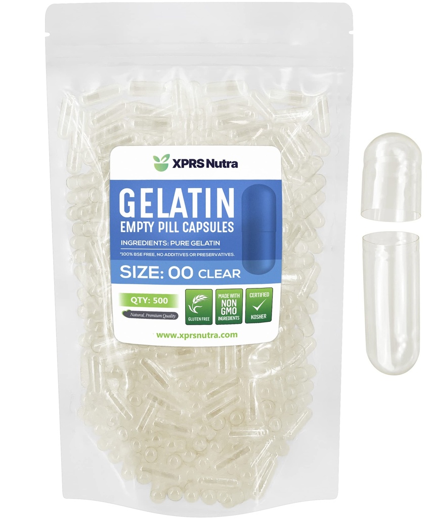 XPRS Nutra Größe 00 Leere Kapseln - 500 Graf Leere Gelatine Kapseln - DIY Kapsel Füllung - Fillable Pill Gel Kapseln für Do-It-Yourself Ergänzungen (Clear)