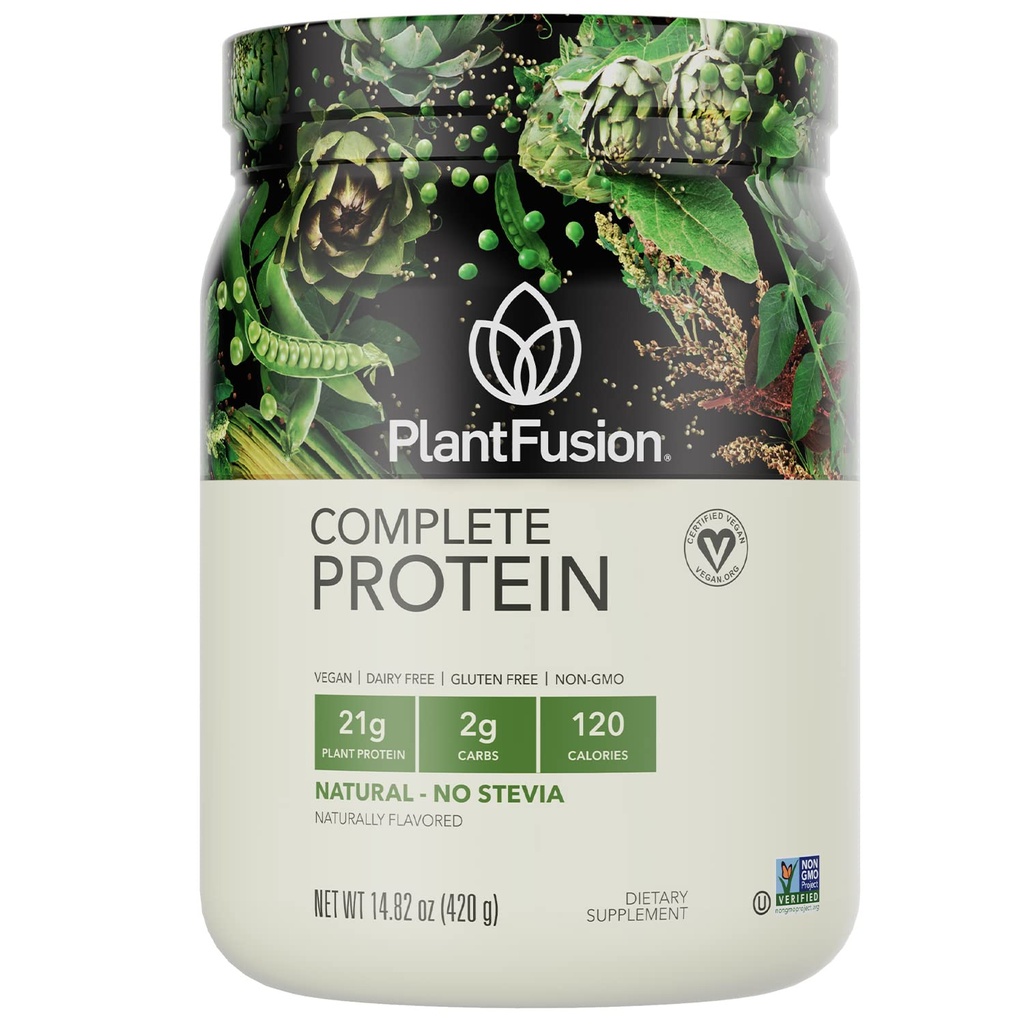 PlantFusion Poudre complète de protéines végétales - Poudre végétale de protéines avec BCAA, enzymes digestives et protéines de pois - Keto, sans gluten, non laitiers, sans sucre, non OGM - Natural-No Stevia 0,93 lb