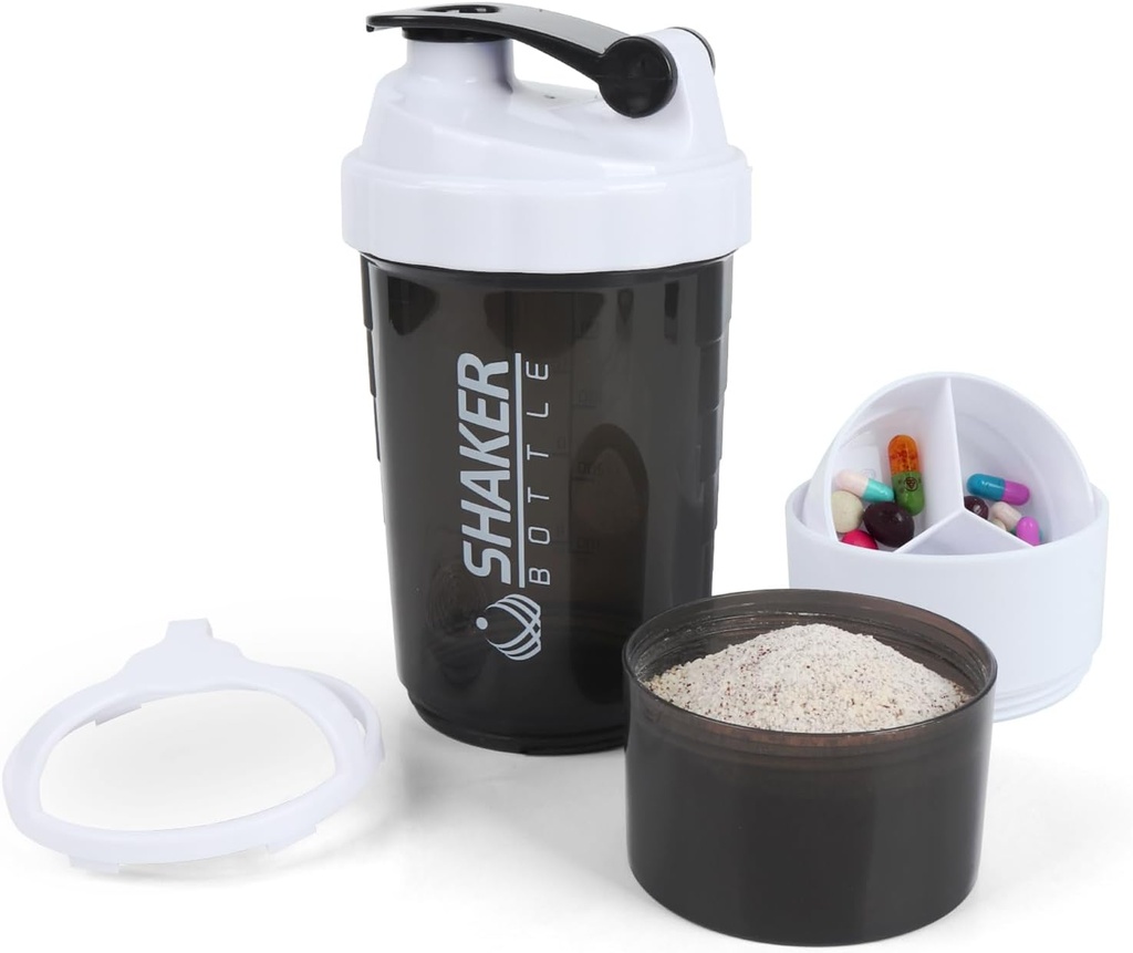 Shaker Bottle - Protein Shaker Cup with Storage Compartments - Leak-proof Workout Shake Bottles with Mixer for Smooth Mixing-500ML/16oz (WHITE & BLACK)