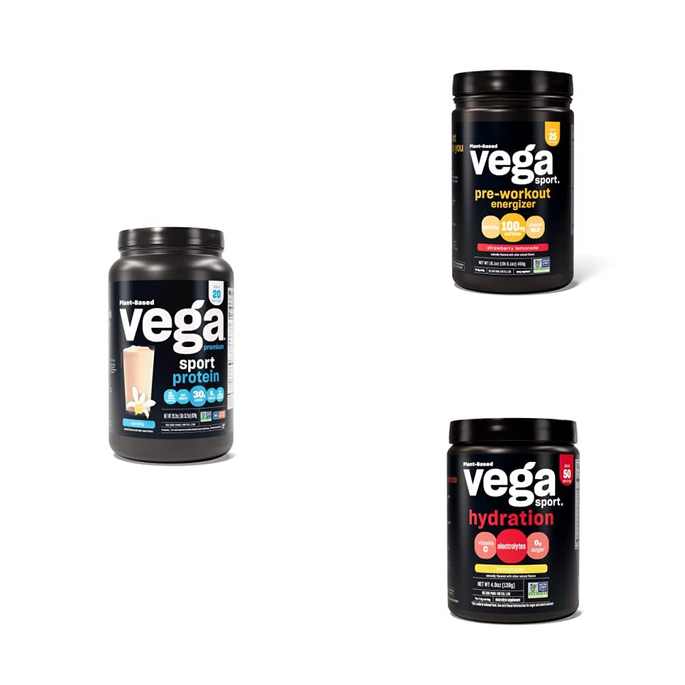 Vega Sport Routine Bundle - Premium Vanilla Protein Powder (20 Serve) Strawberry Lemonade Preworkout Energizer (25 Serve) e Lemonade Electrolyte Hydration (50 Serve)