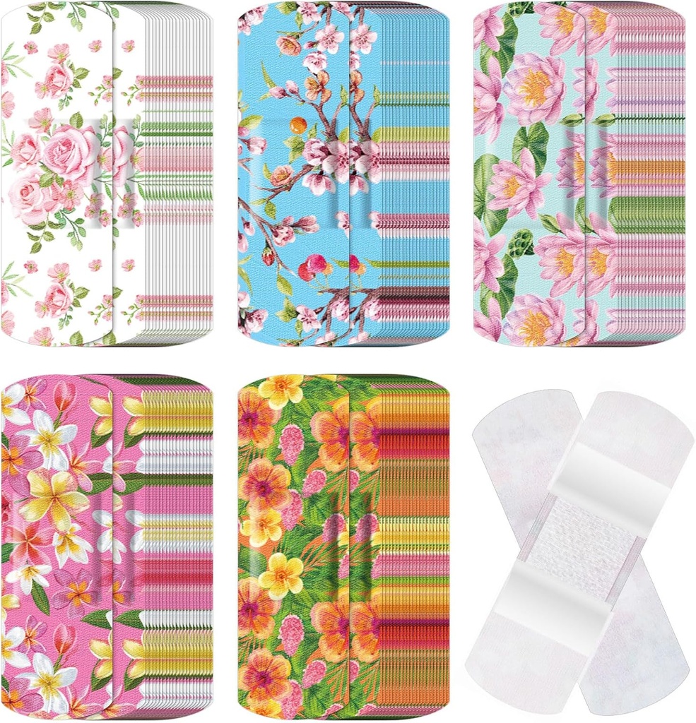 120 Stück Stoff Klebstoff Flexible Bandagen Bulk sortierte Formen und Muster Kleine bunte schöne Stoff Bandagen mit Non Stick Pad 3 x 1 Zoll für Schnitte Wound Scrapes Women(Floral)