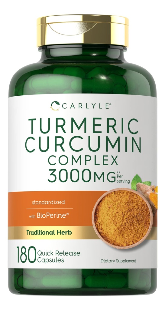 Carlyle Turmeric Curcumin Supplement | 3000mg 180 Kapseln | mit schwarzem Pfeffer, Curcuminoiden und Bioperine | Non-GMO, Glutenfrei