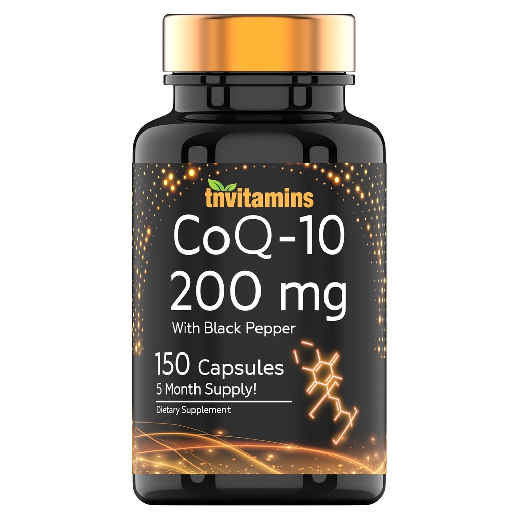 tnvitamines CoQ-10 200mg - 150 Kapseln mit schwarzem Pfeffer Extrakt | 5 Monat Versorgung! | Leistungsstarke freie Radikale Kampf gegen Antioxidans | Max Absorption Rapid Release Kapseln | Coenzym Q-10 200 mg