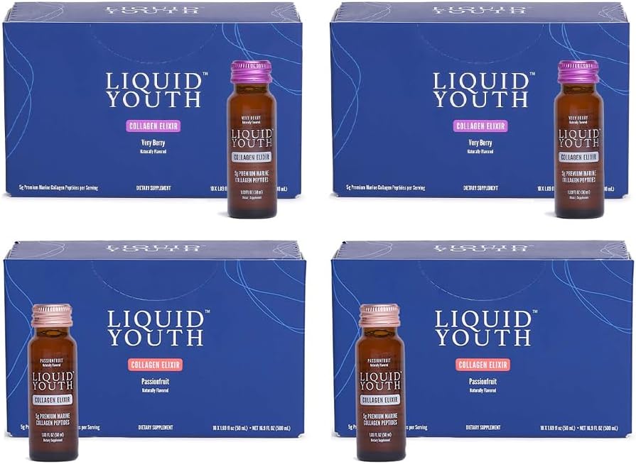 Liquid Collagen Elixir Shots for Women & Men - Premium Liquido Collage Marine per la crescita dei capelli, Pelle, Unghie, Bone & Joint Health - Pre-Mixed, Travel-Friendly (Passion Fruit & Very Berry, 40 Servings)