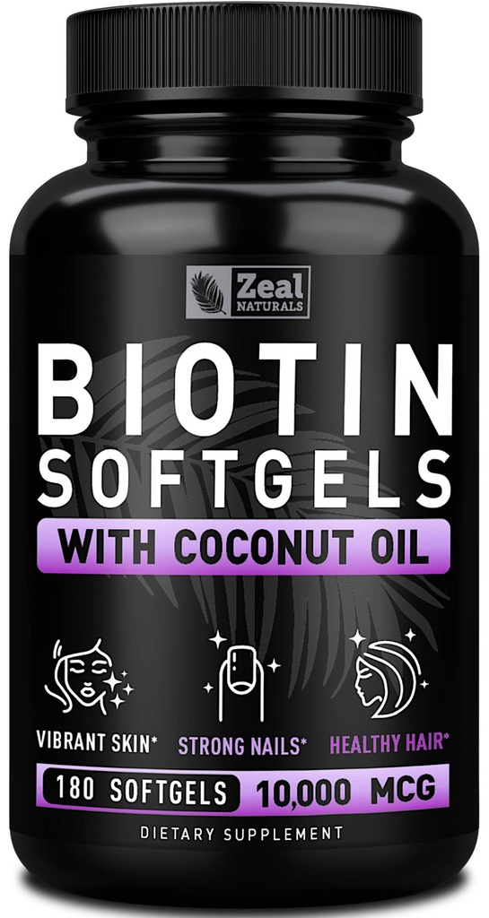 Zeal Biotin 10000mcg mit Bio Kokosöl Softgels | Vitamin Biotin Ergänzung | Haar Haut und Nägel Vitamine für Frauen & Men | 6 mo Versorgung - 180 Gel Kapseln
