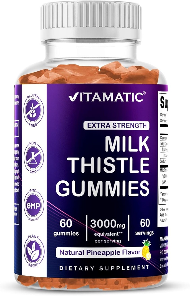 Vitamatic Milk Thistle Gummies- 10000 mg Equivalent Per Serving (from 50:1 Extract 200 mg)- Liver Detox & Anti Oxidant Health - Min. 80% Silymarin Flavonoids - 60 Pectin Based Gummies