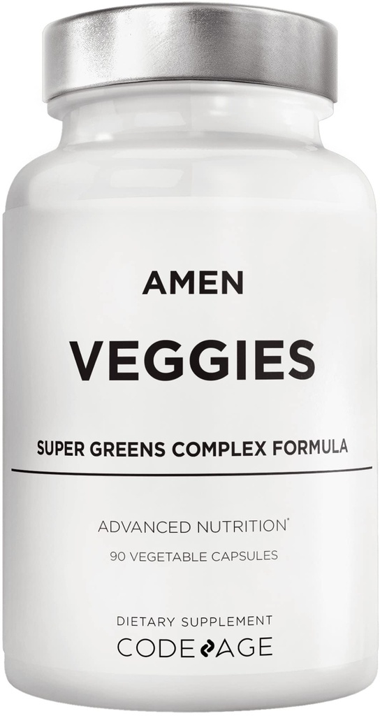 Amen Veggies, Integratore giornaliero di vitamine Veggies, Verdura Vegan Blend & Whole-Food Raw Greens Multivitamin Capsules, Complesso di funghi, Superfood, Minerali, Nutrienti vegetali verdi, Non-OGM, 90 ct