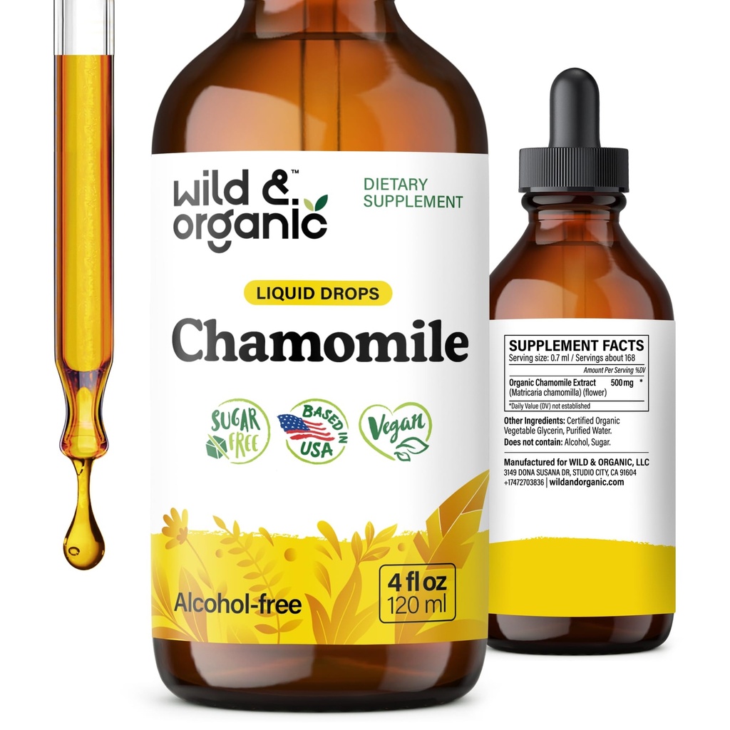 Teinture de fleurs de camomille sauvage et biologique - Supplément calmant pour la détente - Extrait de camomille gouttes liquides - Vegan, sucre et sans alcool - 4 fl oz