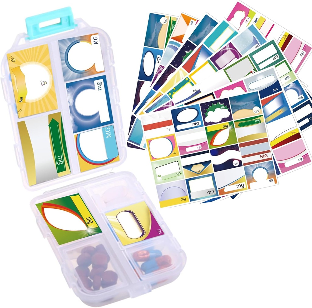 1Pack Travel Pill Organizer - 10 scomparti Pill Case, Compact e Portable Pill Box, Perfetto per lo Storage On-The-Go, Supporto per il Purse (bianco con 156 adesivi)