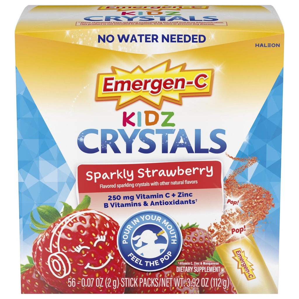 Cristalli Emergen-C Kidz, On-the-Go Emergen-C Integratore di Supporto Immune con Vitamina C, Vitamine B, Zinco e Manganese, Fragola Scintillante, Stocking Stuffer - 56 Stick Packs