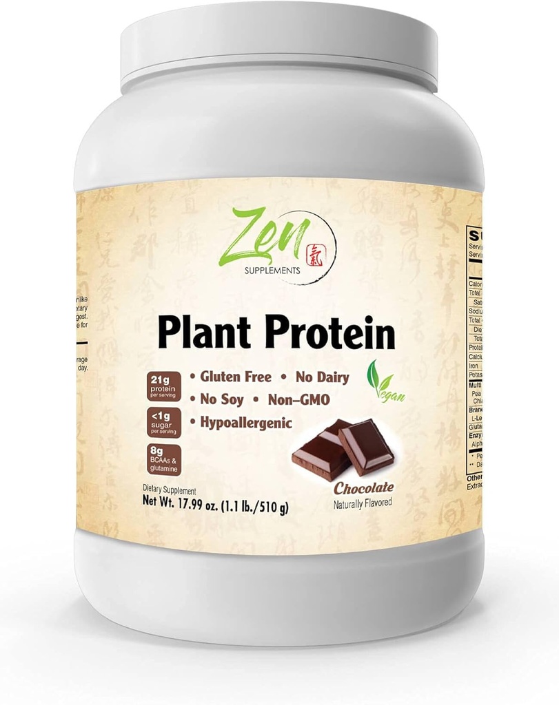 Zen Supplements - Pflanzenprotein-Chocolate 510G 1.1LB -Powder - 23 Gramm Protein Pro Servieren -Vegan, Low Net Carbs, Non Dairy, Glutenfrei, Lactosefrei, Ohne Zucker Hinzugefügt, Soy Free, Kosher, Non-GMO