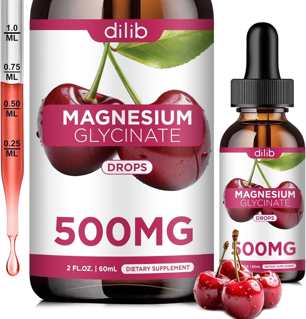 Magnesium-Glycinat-Ergänzung, Magnesium-Glycinat-Flüssigtropfen 500mg mit Calcium, Zink, Vitamin B6, D3, L-Theanin, Omega 3 für Schlaf, Stimmung, Stress Relief, Knochen, Muskeln, Kirschen Geschmack