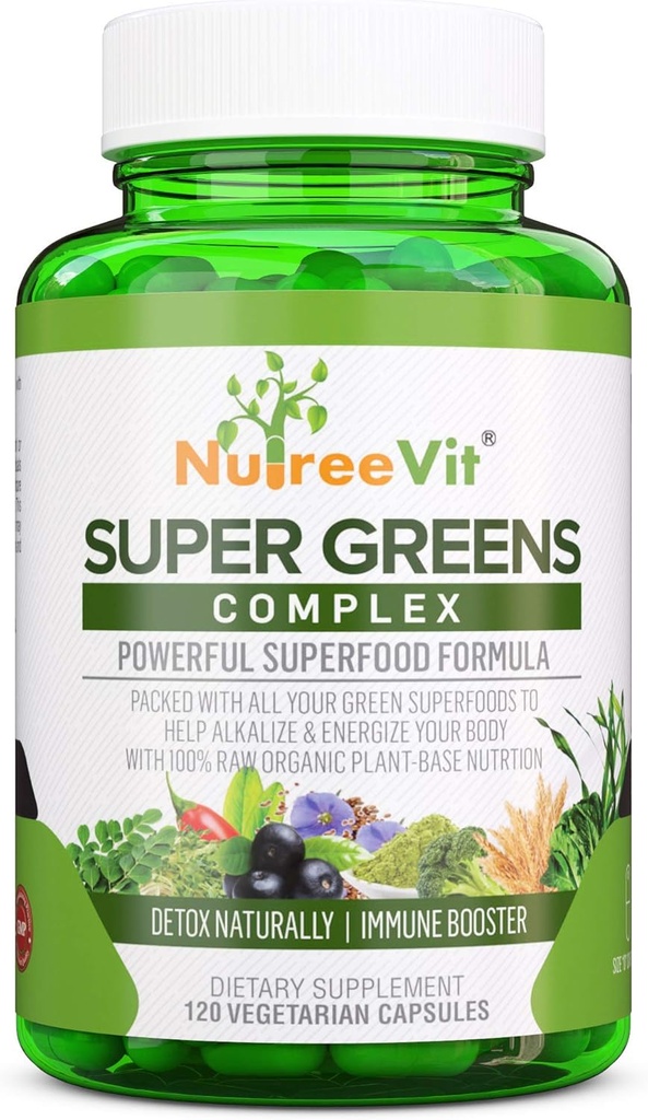 SuperGreens - Spirulina, Chlorella, Wheatgrass + Plus - Mélange vert emballé en nutriments (90 capsules)