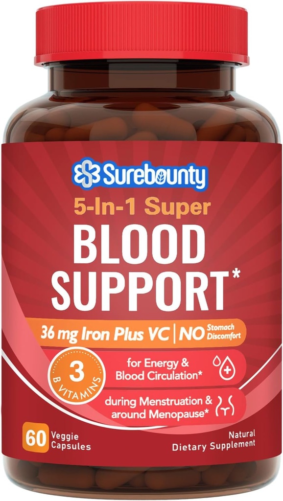 Gentle Iron Supplement for Women Men, Stomach Friendly & Non-Constipating | Iron Bisglycinate with Vitamin C, Folate, B6 & B12 | Iron Pills for Blood & Energy Support | 60 Vegan Capsules