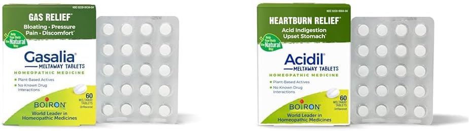 Boiron Gasalia Compresse e Acidil Tablets per gas, Bloating, Acid Reflux, Heartburn, Indigestion e Upset Stomach Relief - 60 Count Every