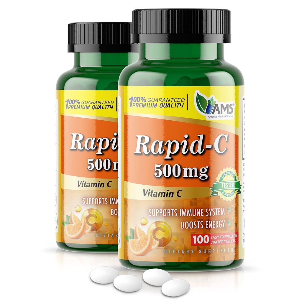 Amerika Medic & Science Rapid-C 500mg Vitamin C Supplement (2 Packung mit 100 Tabletten) Energie-Booster, Tägliche Immunsystem-Unterstützung, Antioxidans | Vegan, Non-GMO beschichtete Ascorbinsäure für Erwachsene Männer & Frauen