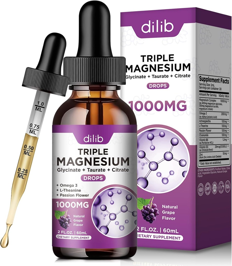 Magnesium Glycinate Flüssigkeitstropfen mit Taurat Citrat - Mangesium Ergänzung für Schlaf, Stress Relief, Knochen, Muskel - 2 Fl Oz, Vegan, Korn Flavor