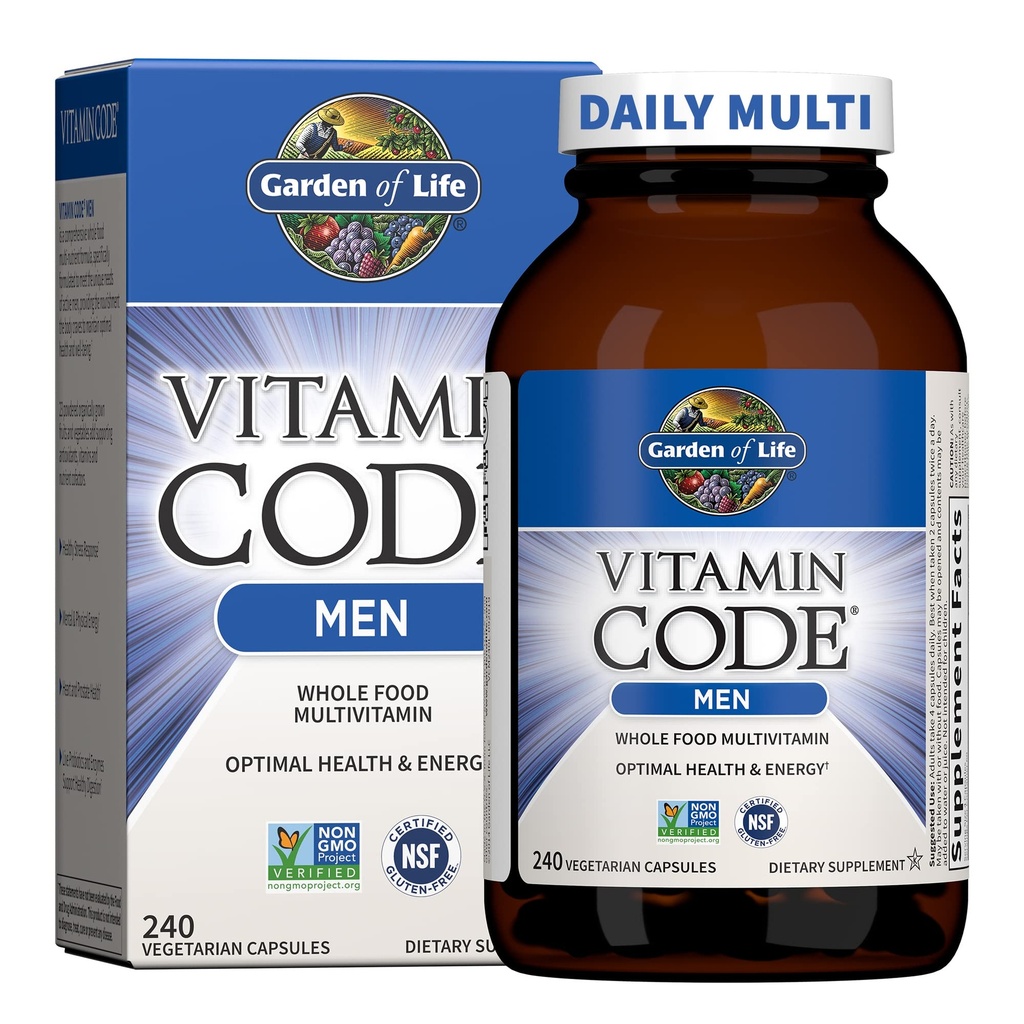 Giardino della vita Vitamina Codice intero Cibo Multivitamina per gli uomini - 240 Capsule, Vitamine per gli uomini, Frutta Veggie Blend e Probiotici per l'energia, Cuore, Salute della prostata, Multivitaminici per gli uomini vegetariani