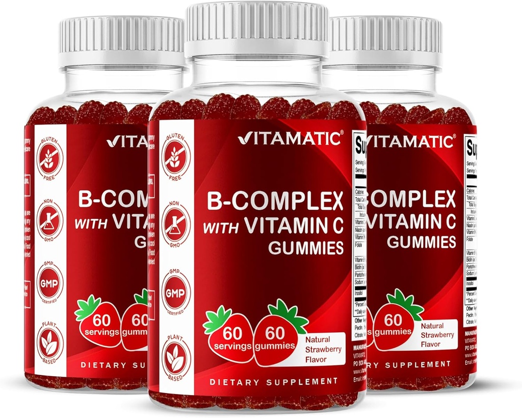 Vitamatic Vitamina B Complex Gummies con Vitamina C & Inositol - Natural Strawberry Flavor - 60 Gummies (3 Bottiglie)