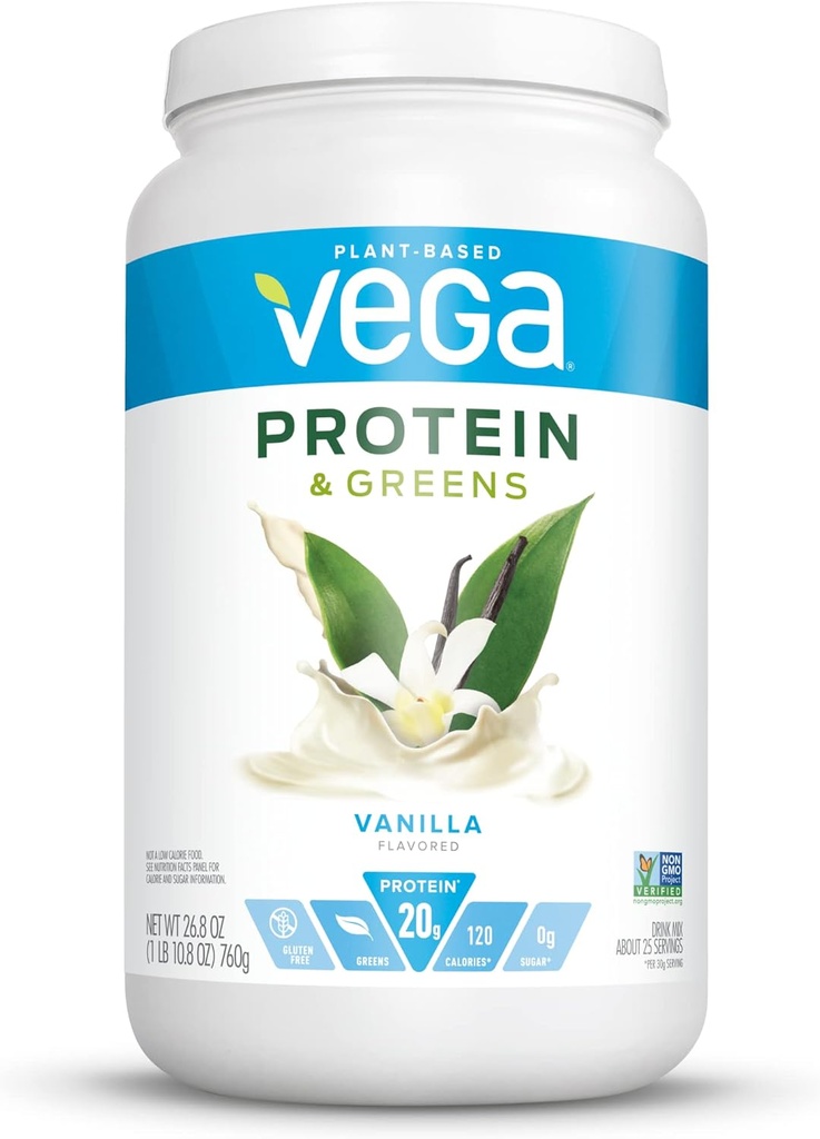 Vanille Vega Protéines et Verts (25 portions, 26,8 once) - Poudre de protéines à base végétale, sans gluten, non laitière, non soja, non OGM