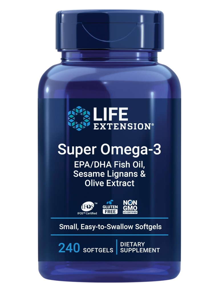 Life Extension Super Omega-3 EPA/DHA Fish Oil, Sesam Lignans & Olive Extract – Herzgesundheit, Gehirngesundheit, Entzündungs-Gesundheitsunterstützung, Glutenfrei, einfach zu schlucken, Non-GMO, 240 Softgels