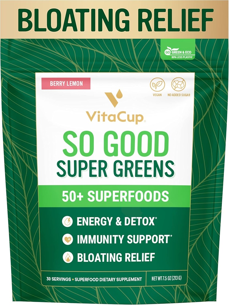 VitaCup So Good Super Greens Powder w/ 50+ Premium Superfoods, Boost Energy, Detox, Immunity w/Probiotiques, Prébiotiques, Fibre, Antioxydants, Adaptogènes, Spiruline, Berry Lemon, 30 portions