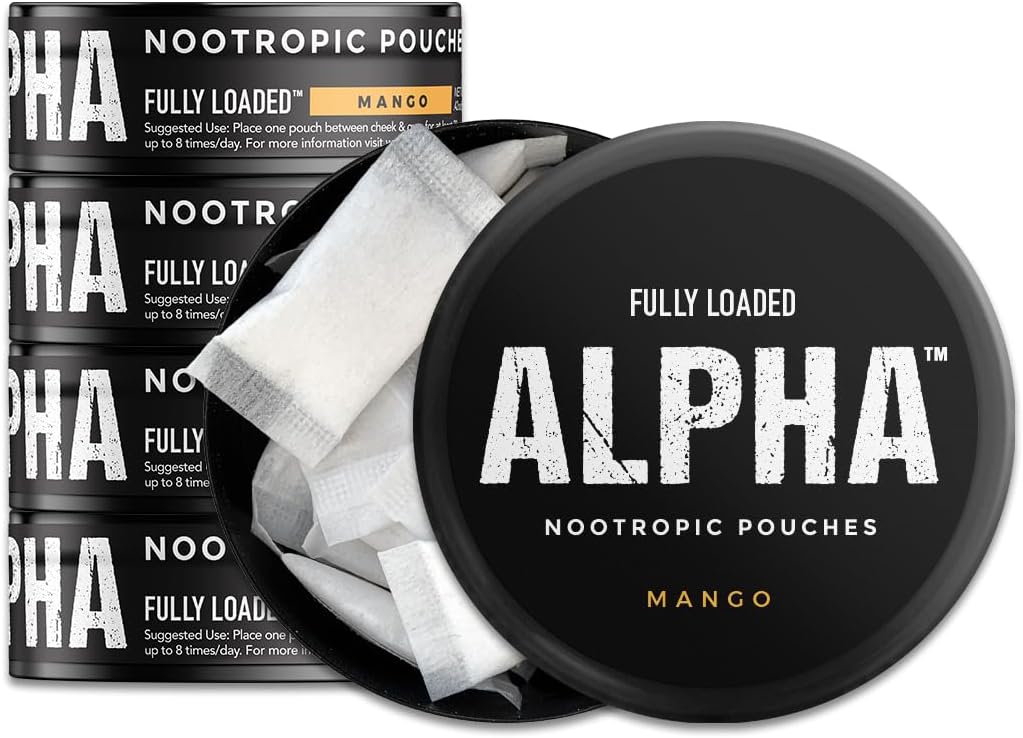 Fully Loaded Alpha Nootropic Pouches (Mango) - 5 Cans - 15 Pouches per can -Effective Nootropic Delivery, Nic Pouch Sostituzione - Assorbimento più veloce, Alpha GPC, L-Tyrosine, GABA