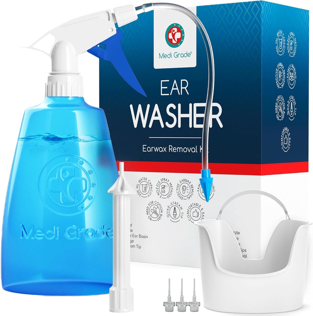 Medi Grade Ear Wax Removal Kit, 300ml Ear Washer Bottle, Basin and Tips | Ear flushing kit for adults, ear irrigation spray bottle with quad stream tip, gentle ear cleaning for clearer hearing