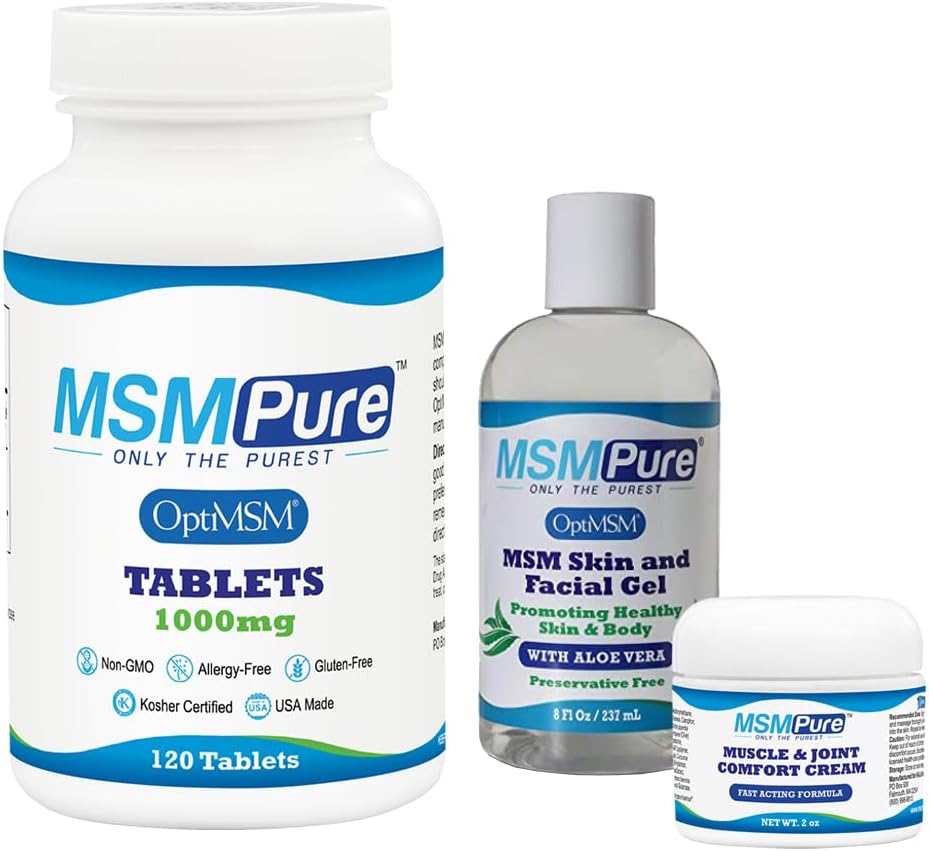 KALA HEALTH MSMPure Starter Bundle with MSM Tablets 120 Count, MSM Muscle & Joint Cream 2oz and MSM Gel with Organic Aloe 8oz