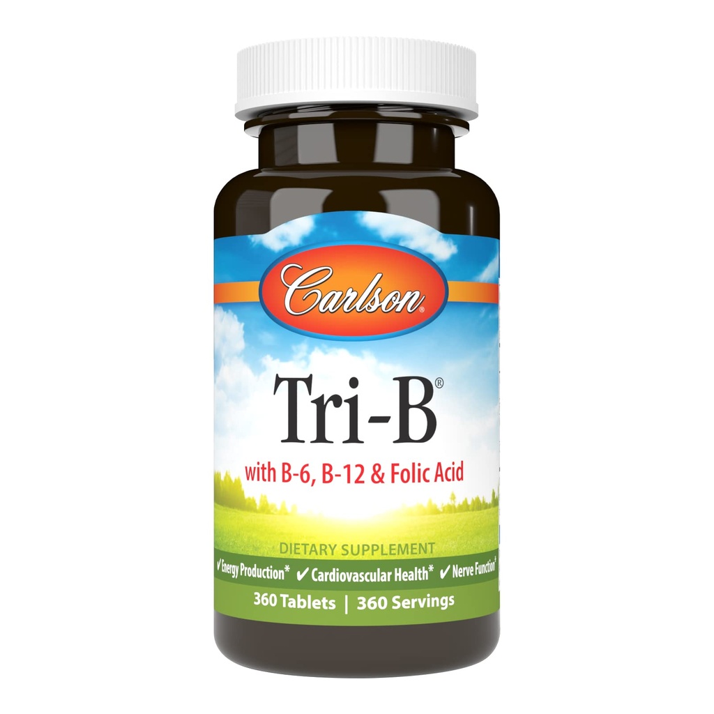 Carlson - Tri-B, Complexe Vitamine B, 25 mg Vitamine B-6, 400 mcg Vitamine B-12, Pills d'énergie acide folique, Promouvoir la santé cardiovasculaire, Vitamines complexes B, Supplément B12, Complexe Vitamine B, 360 comprimés