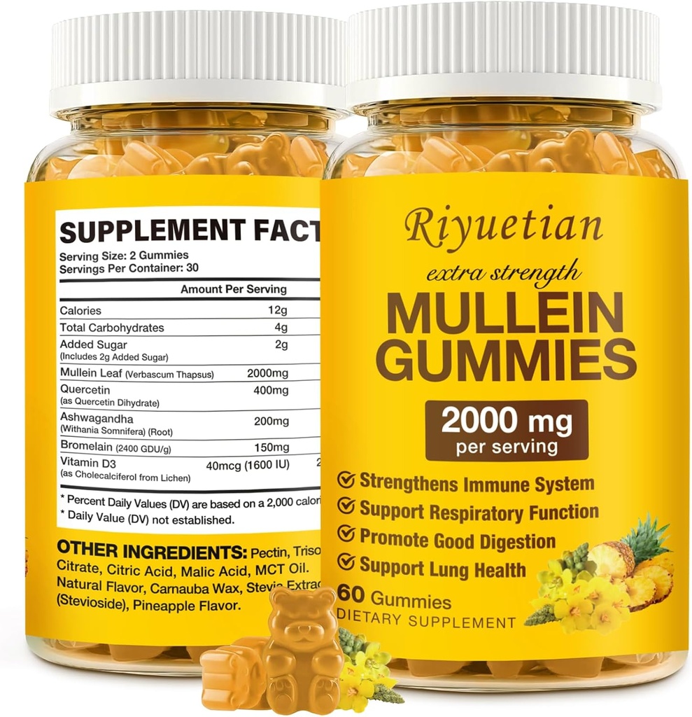 Mullein Gummies, 2000mg Organic Mullein Leaf Extract for Clear Lungs, Boost Respiratory & Digestive, Immune Booster for Adults & Kids, Allergy Friendly, Non-GMO, 60 Gummies