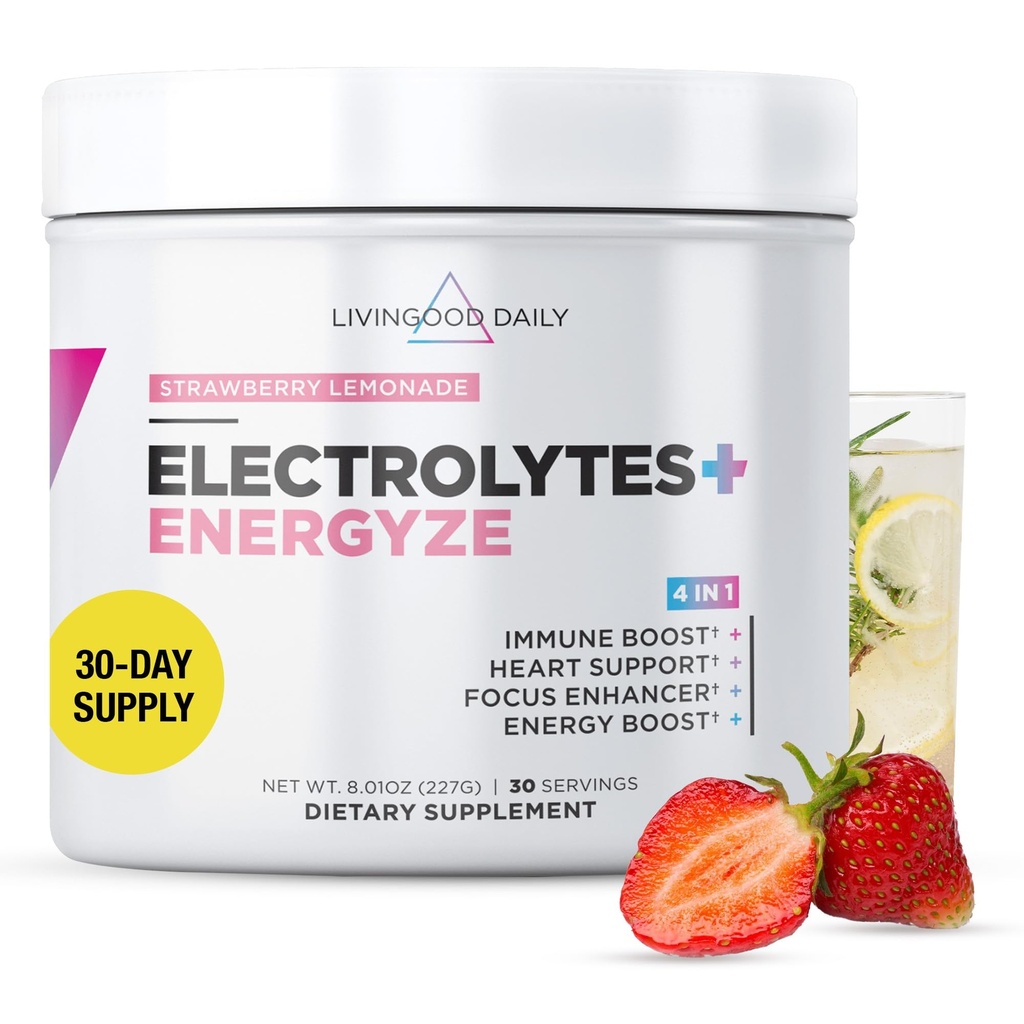 Poudre quotidienne d'électrolytes Livingood, Poudre d'hydrolyse d'électrolytes avec vitamine C, Taurine, D Ribose et FOS, Mélange de boissons d'électrolytes sans sucre, Keto, Sans gluten, Lémonade de fraises, 30 portions
