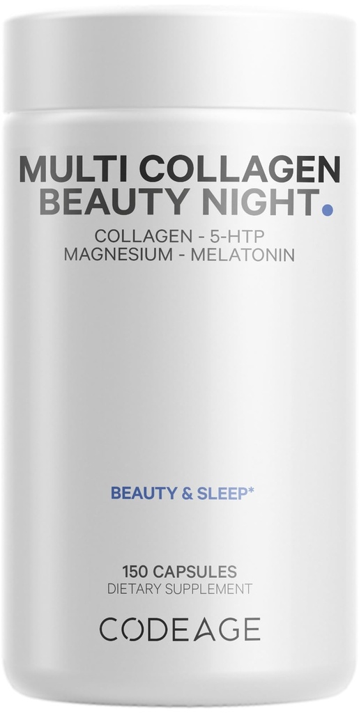 Codeage Multi Collagen Protein Beauty Night - Melatonin, Magnesium Bisglycinat, 5-HTP, L-Theanin, Englisch Lavender Flower, Bone Broth - Vitamine - Supplement - Sleep Pills - Non-GMO - 150 Kapseln