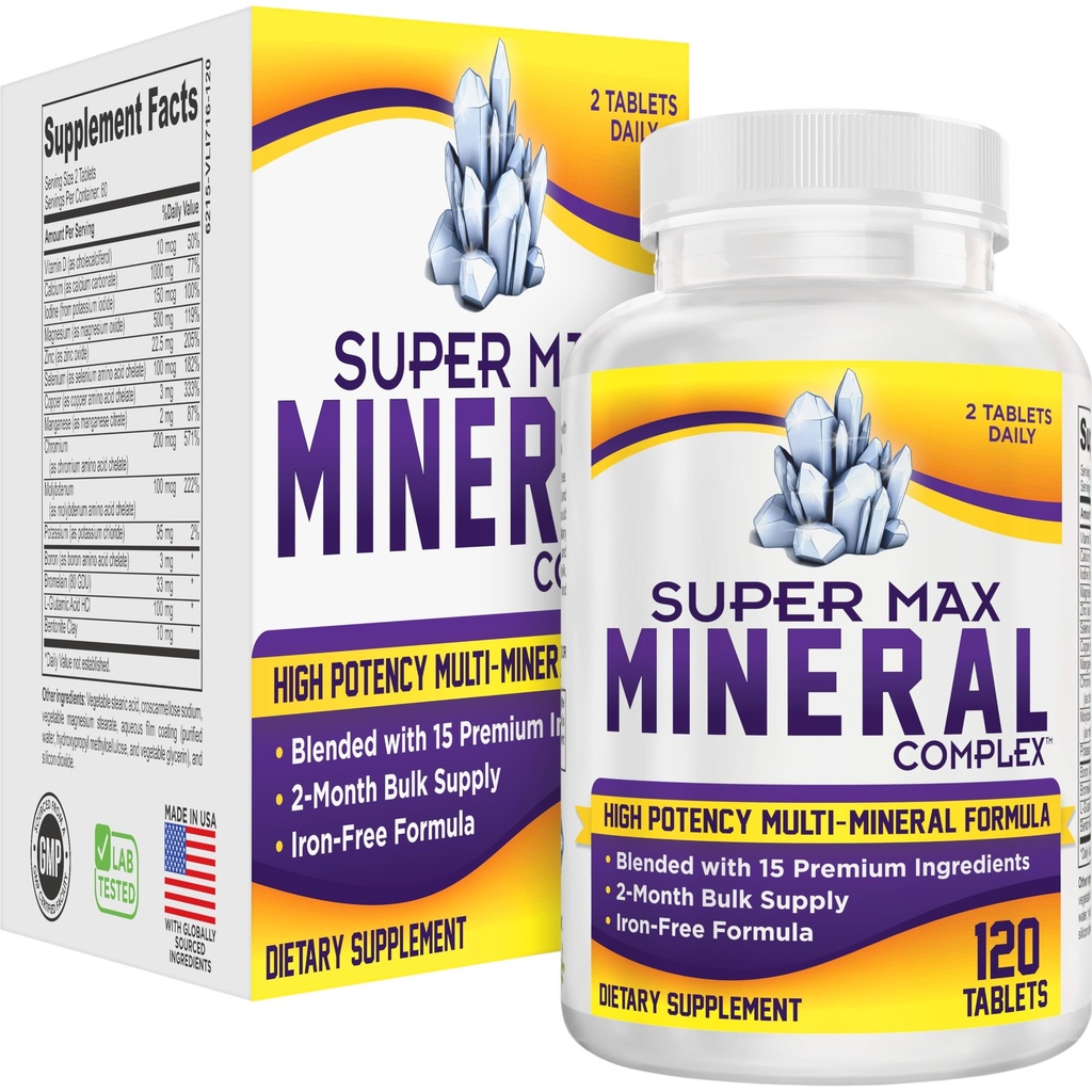 Supplemento multiminerale di 2 mesi (gratuito di ferro) Multiminerali naturali | Integratori minerali multipli ad alta potenza (15-in-1) Formula minerali miscelati | Complesso minerale | Alimentatore di carica di 60 giorni | 120 compresse
