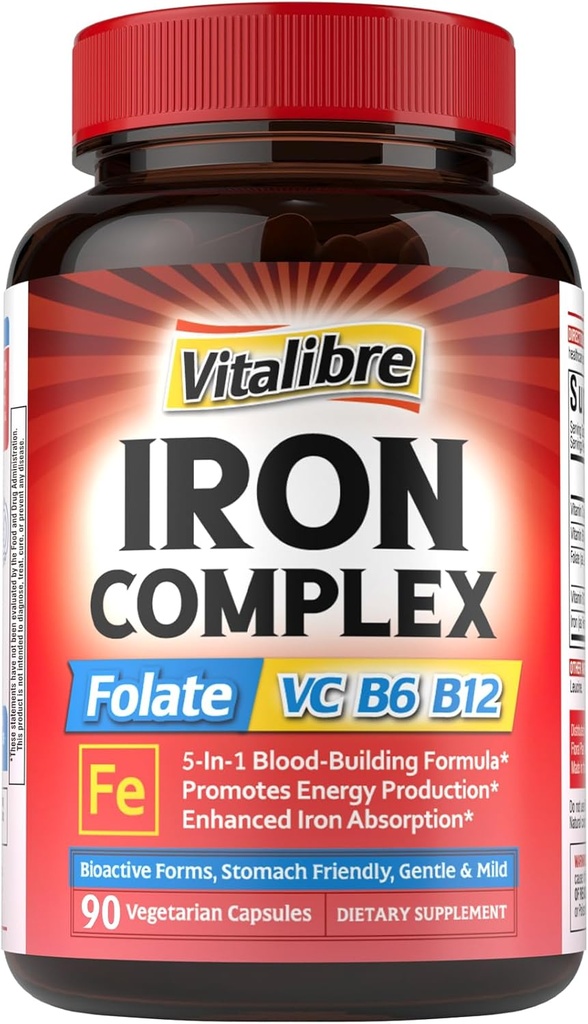Supplemento di ferro per le donne e gli uomini, con le vitamine C, B6, B12 & Folate per la carenza di ferro, la costruzione del sangue & il supporto energetico, la stomach amichevole, migliore assorbimento, non OGM, senza glutine, 90 tappi vegani