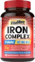 Supplément en fer pour les femmes et les hommes, avec des vitamines C, B6, B12 & Folate pour la carence en fer, Blood Building & Energy Support, estomac amical, meilleure absorption, non-OGM, sans gluten, 90 capsules végétaliennes