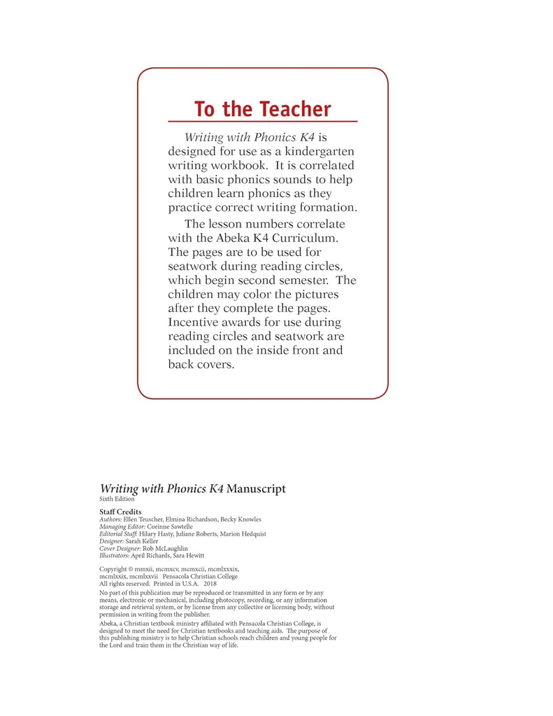 Schreiben mit Phonics K4 Manuskript - Abeka K4 4 Jahre alt Kindergarten Manuskript Phonics Penmanship Student Work Book