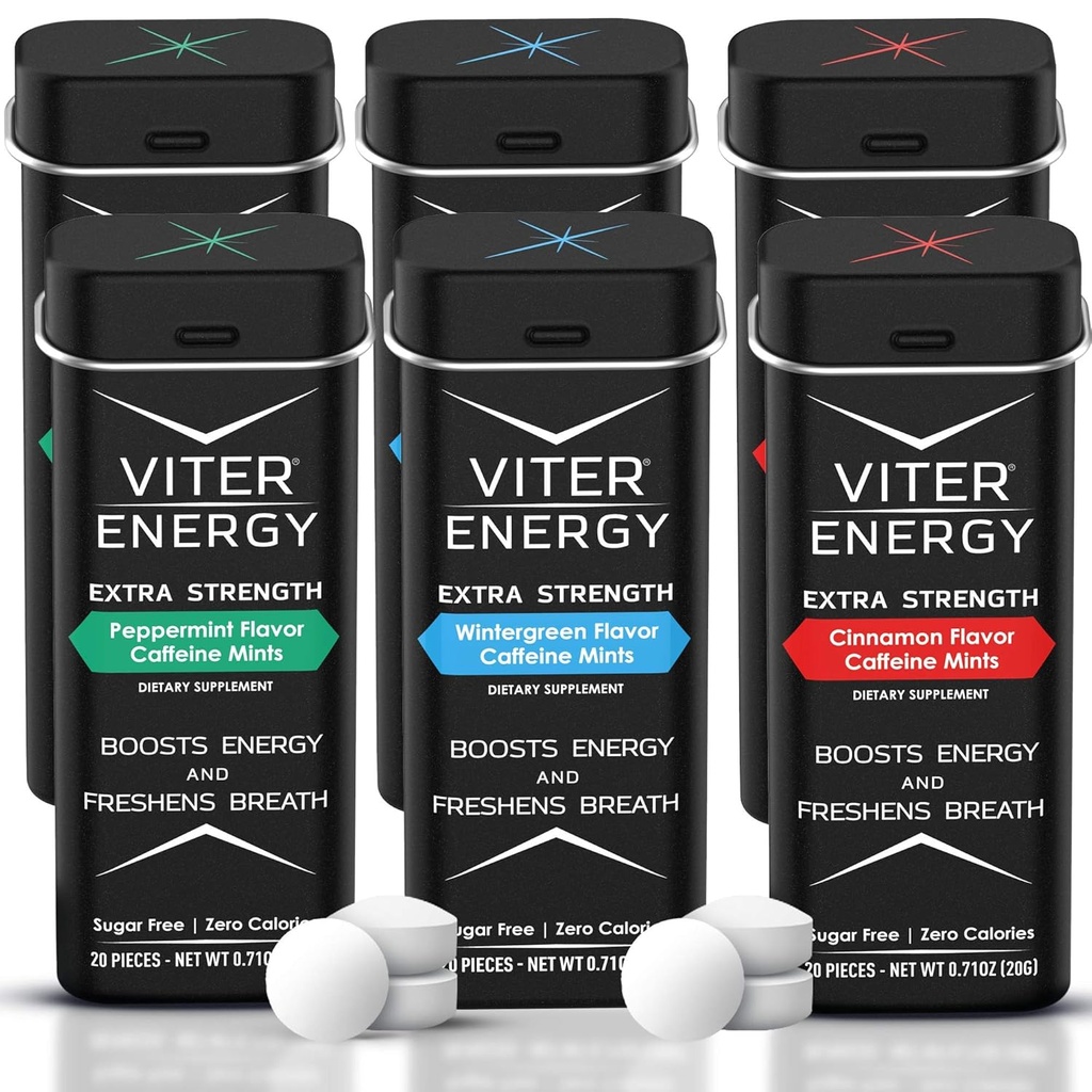 Viter Energy Extra Strength Koffeinierte Minze 80mg Koffein, B Vitamine, Sugar Free. (Variety, 20pcs, 6 Pack)