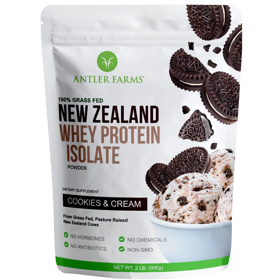 Antler Farms - 100% Grass Fed New Zealand Whey Protein Isolate, Cookies & Cream Flavor, 2 lbs - Pure and Clean, 5 ingredienti, processo a freddo