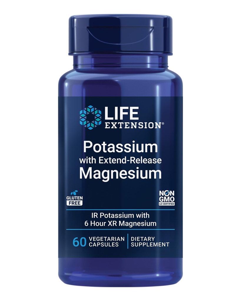 Potassio di Estensione della vita con Magnesio Extend-Release – Integratore di salute del cuore per il supporto della pressione sanguigna con due minerali essenziali – Non OGM, vegetariano, senza glutine – 60 capsule