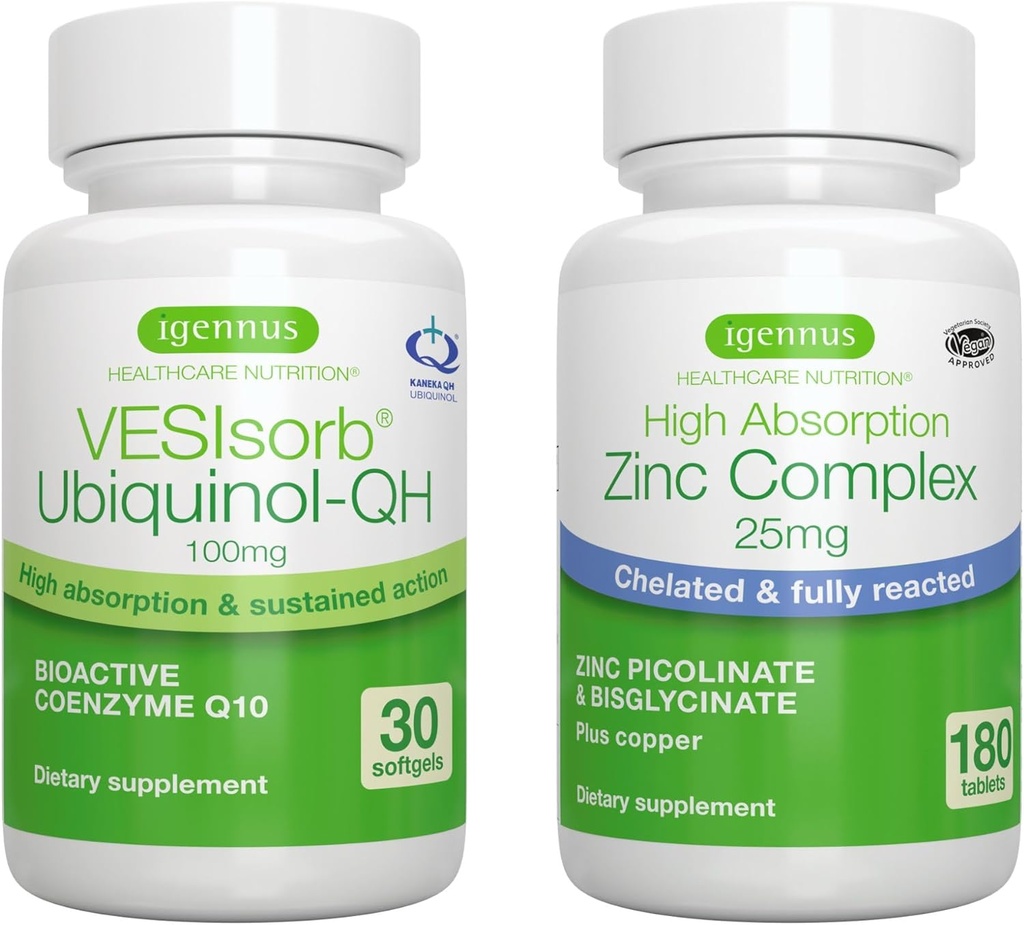 VESIsorb Ubiquinol-QH + Zinc Complex Bundle for Fertility, Fast-Acting Advanced CoQ10 100mg + 25mg Zinco Chelato, di Igennus