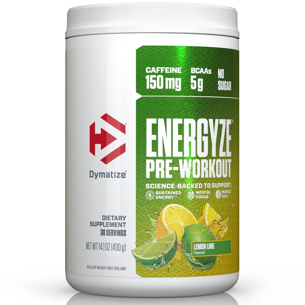 Dymatize Energyze Pre Workout Pulver für Männer und Frauen, Lemon Lime Flavor, 150mg Koffein, 5g BCAAs, Performance Blend von L-Theanin, L-Tyrosin, L-Citrulline, kein Zucker, 30 Servierungen