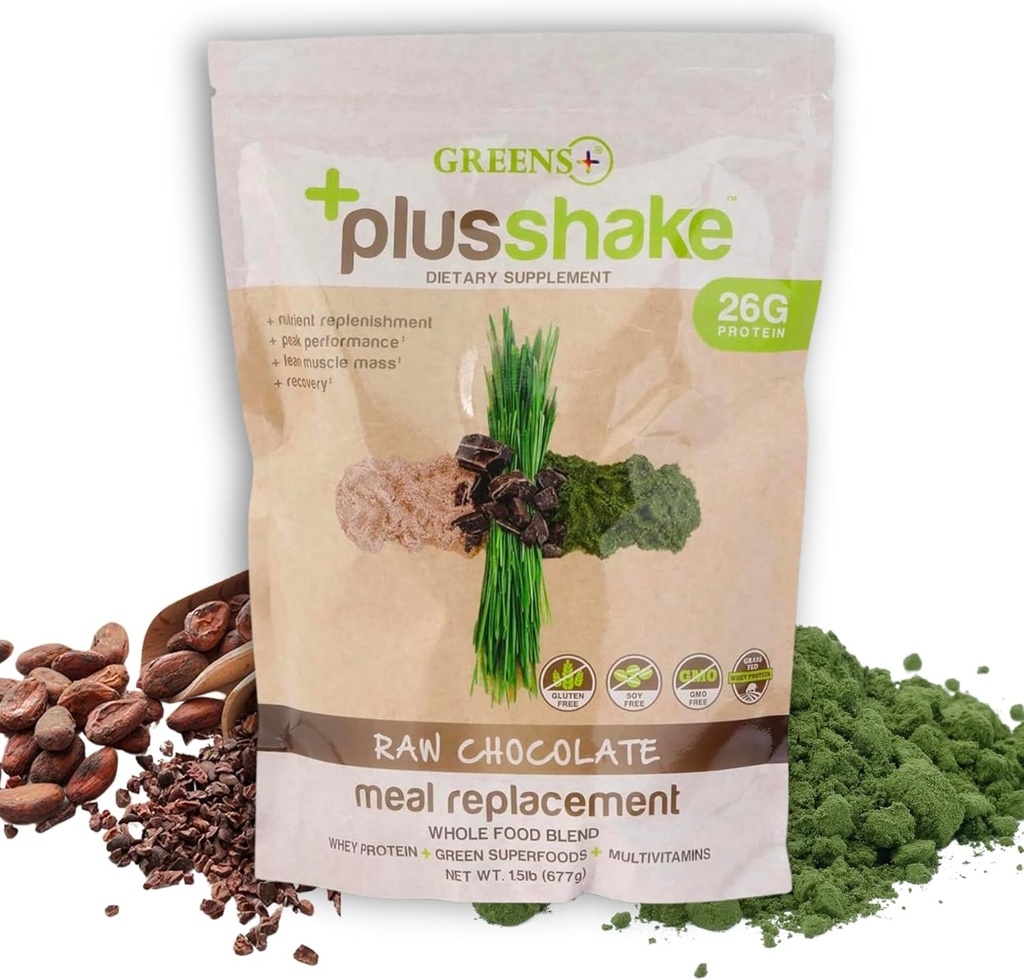 Greens+ PlusShake Raw Chocolate Grass Fed Whey Protein Powder - Meal Replacement | Non-GMO | Gluten & Soy Free | Nahrungsergänzungsmittel Superfood + Multi-Vitamine | 27g Protein | 1,5 lb Tasche