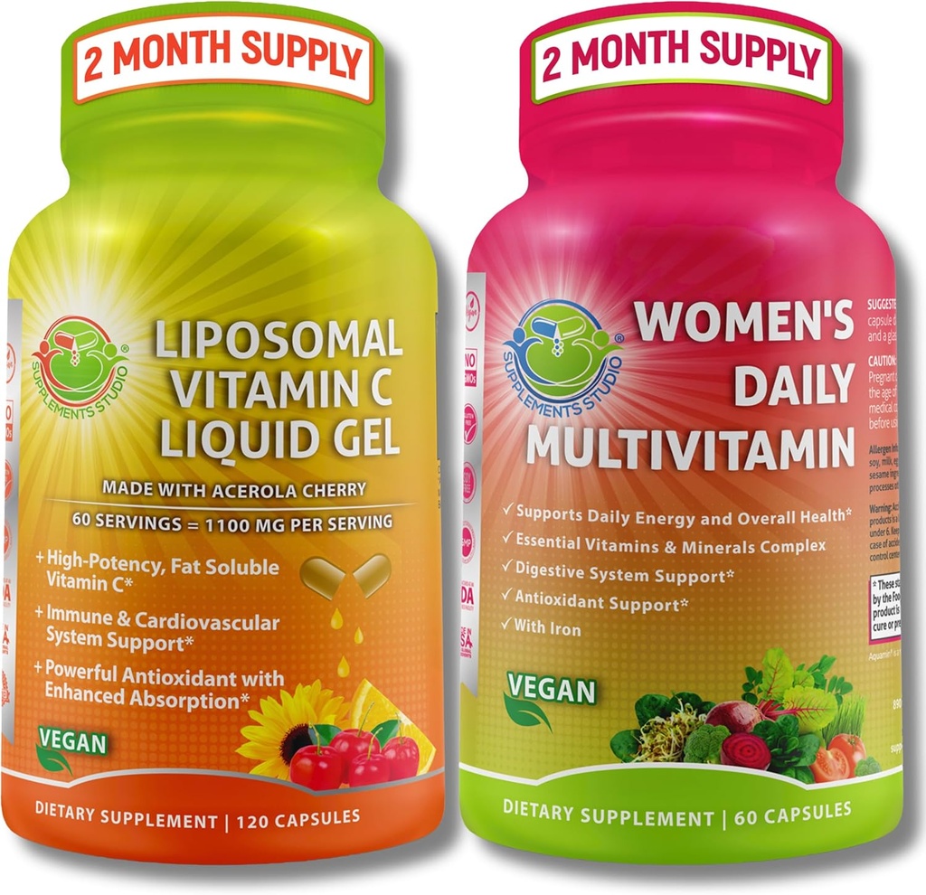 Supporto Immune Bundle – Vitamina Liposomal C 1100mg Liquid Gel Capsule con Ciliegia Organica Acerola & Vegan Donna Multivitamina Giornaliera con Ferro – Non OGM, Clean Daily Wellness Support
