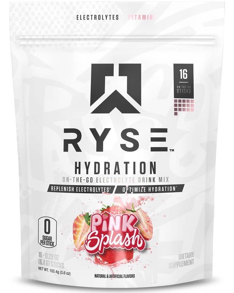 RYSE Hydratation Electrolyte en poudre Packets - Pink Splash - Electrolytes à spectre complet sans sucre avec vitamines essentielles, Taurine et Choline pour la réhydratation - 16 bâtons de service