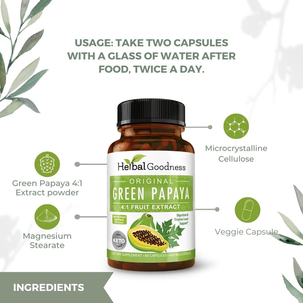 Green Papaya Capsules 4X Strength, Organic Papaya Leaf & Fruit Extract für Plättchen, Verdauungsgesundheit, Enzyme, Probiotika, Antioxidantien – 600mg, 60 Kapseln, Fall von 12 – Kräutergut