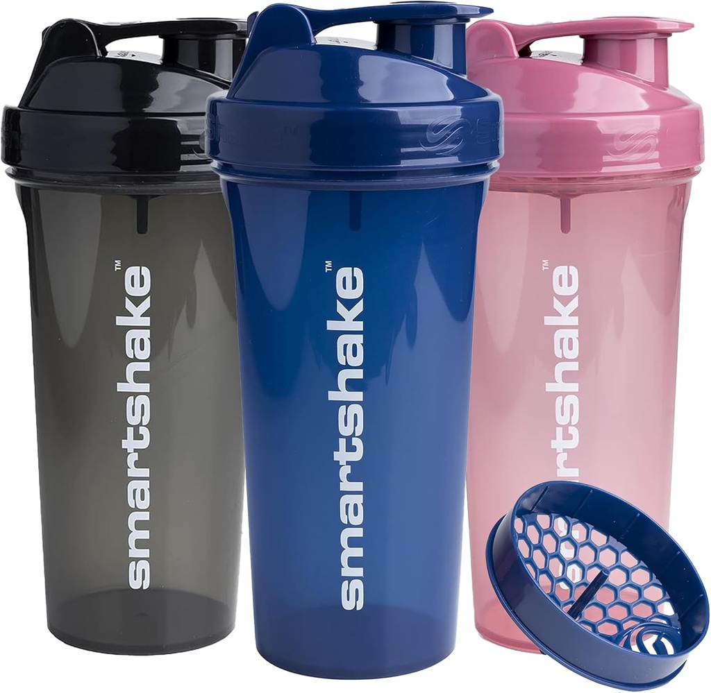 Smartshake Glossy 3-Pack Lite Protein Shaker Bottiglia 800 ml | 27 oz - Leakproof Vite-on Lid - BPA Free – Unisex - (nero, Deep Rose, Navy Blue)