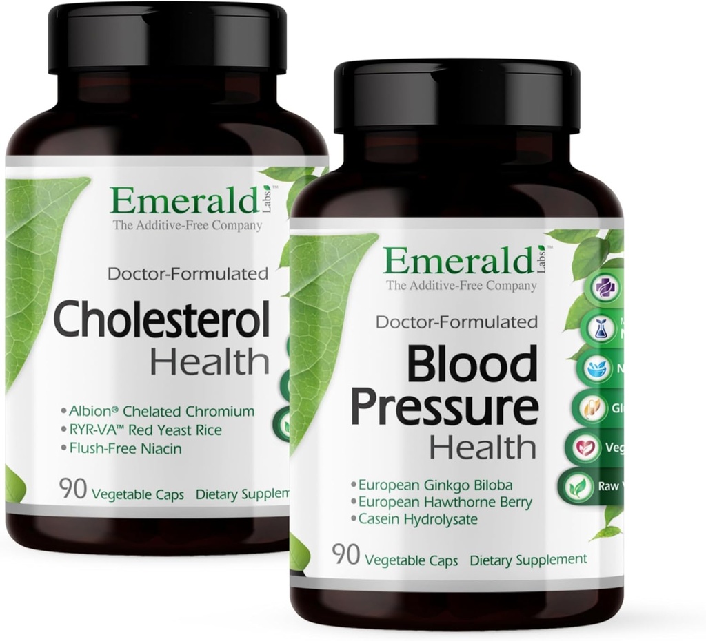 EMERALD LABS Cholesterol Health (90 Caps) & Blutdruck-Gesundheit (90 Caps) - Herz- und Kreislaufsystem unterstützen - Blutdruckniveaus in einem normalen Bereich unterstützen - Glutenfrei - 30-Tage-Versorgung