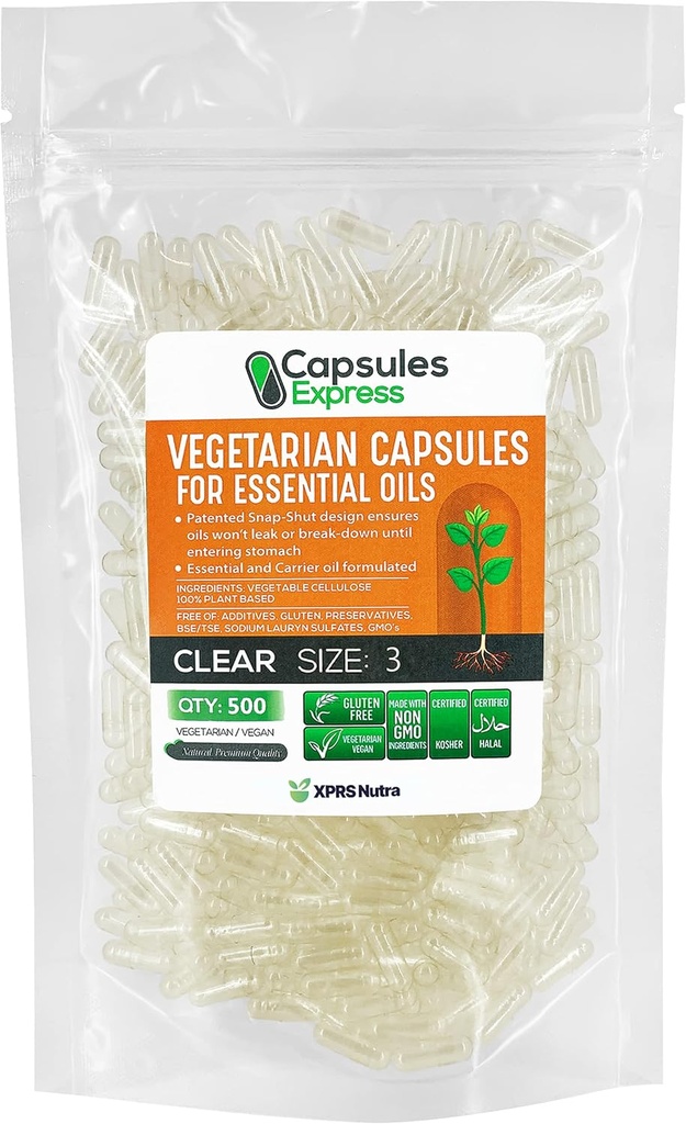 XPRS Nutra Size 3 capsule vegane vuote - 500 conteggio capsule vegetali trasparenti per la maggior parte oli essenziali - pillole vegetali vuoti - Riempimento olio fai da te