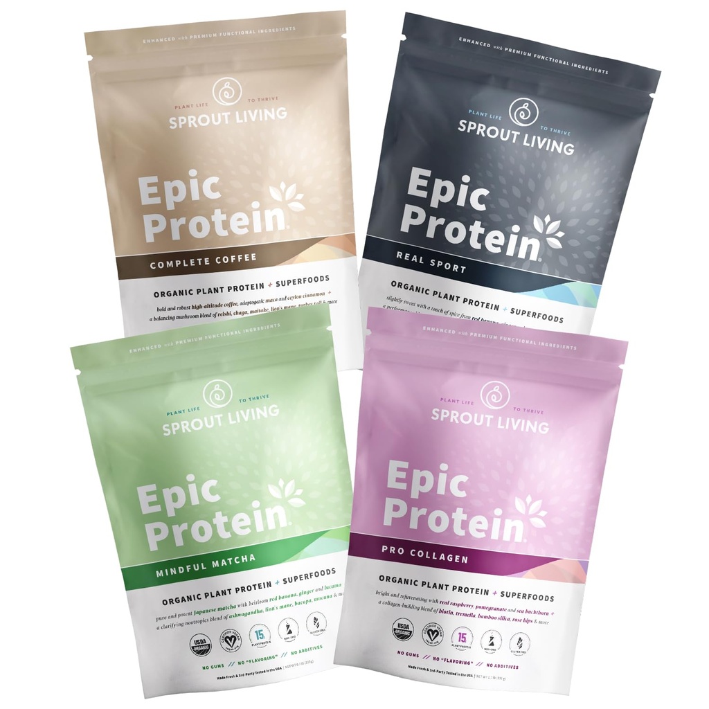 Sprout Living, Epic Protein Pro Collagen, Mindful Matcha, Real Sport und kompletter Kaffee, 12 Portionen